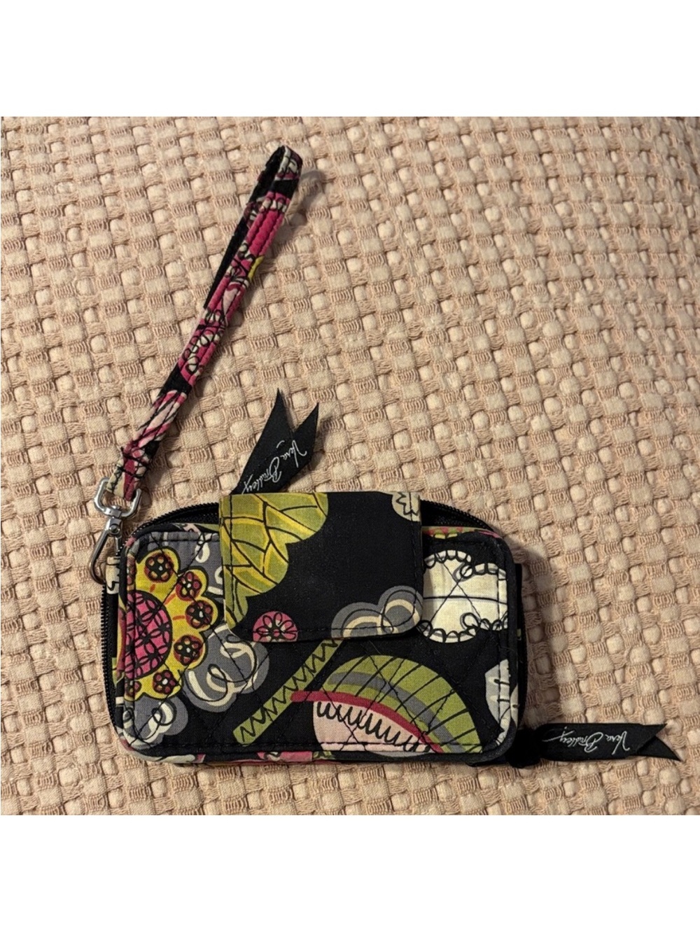 Vera Bradley Black Floral Wristlet with Pink & Green Accents